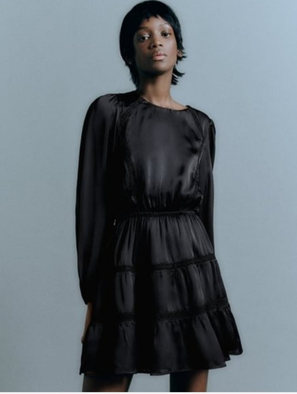 Zara Black Satin Long Sleeve Tiered Laced Ruched Waist Mini Dress Size XS